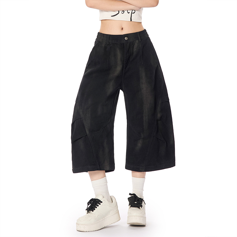 美式復古做舊髒染工裝七分褲男女高街潮牌休閒褶皺設計感寬褲