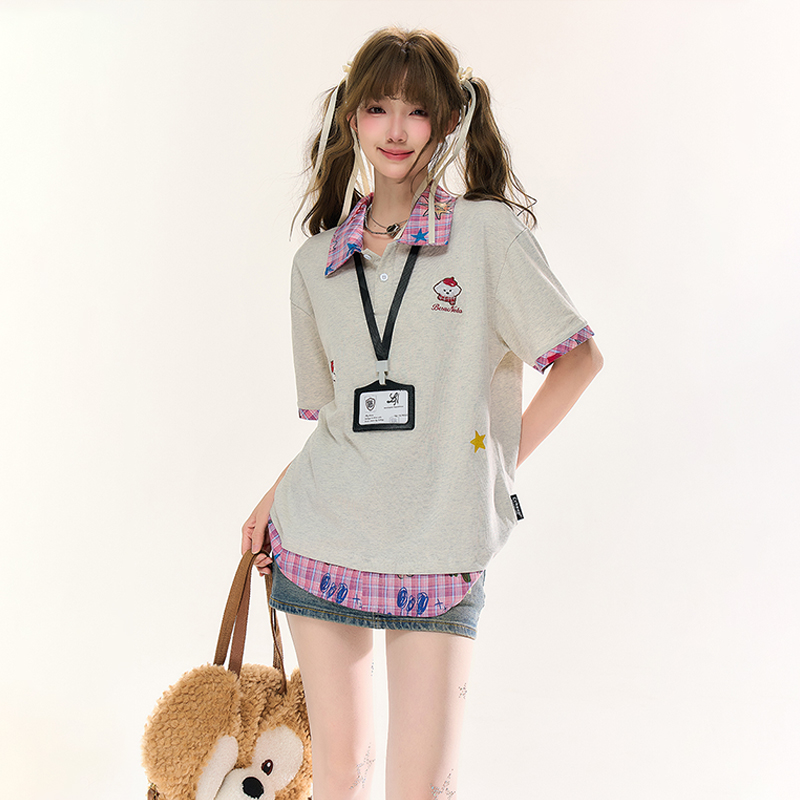 美式刺繡小狗格紋Polo領短袖T卹寬鬆學院風假兩件半袖