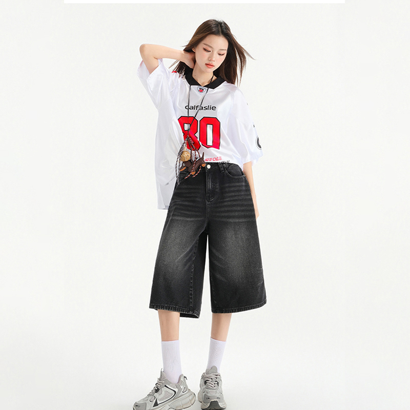 美式復古高腰顯瘦寬鬆褶皺七分褲做舊設計感七分闊腿牛仔褲