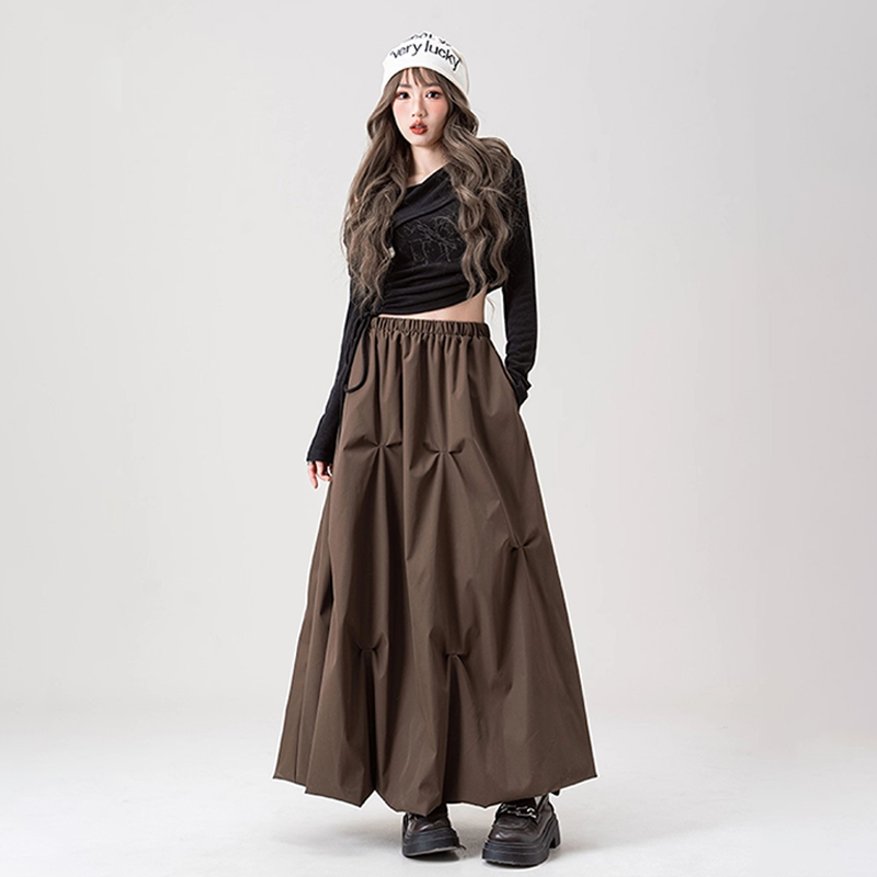 美式復古咖色褶皺花苞半身裙春夏高腰辣妹A字長裙