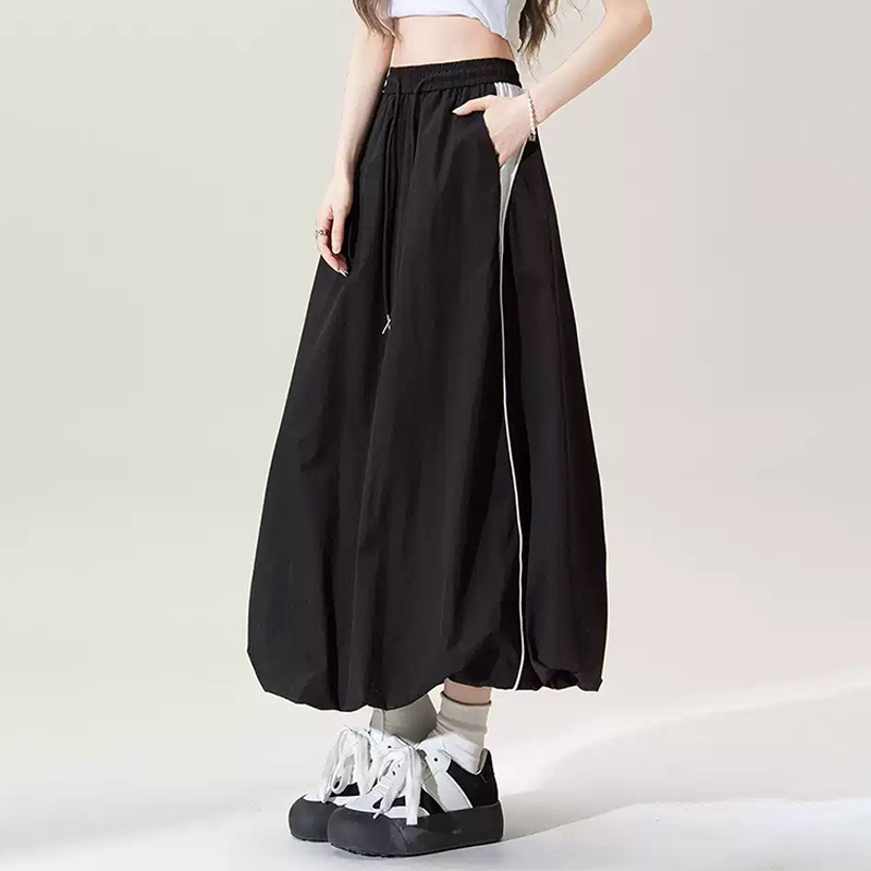 美式復古運動風花苞工裝裙女夏季薄款撞色高腰抽繩速乾A字蓬蓬半身裙