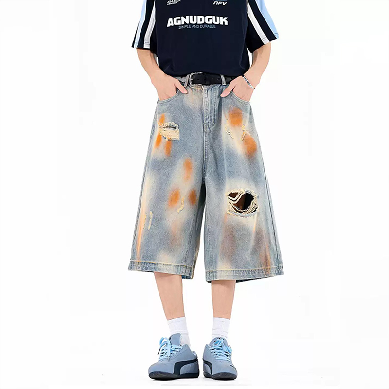 廢土風美式髒染破洞牛仔短褲夏季復古設計感hiphop闊腿七分褲