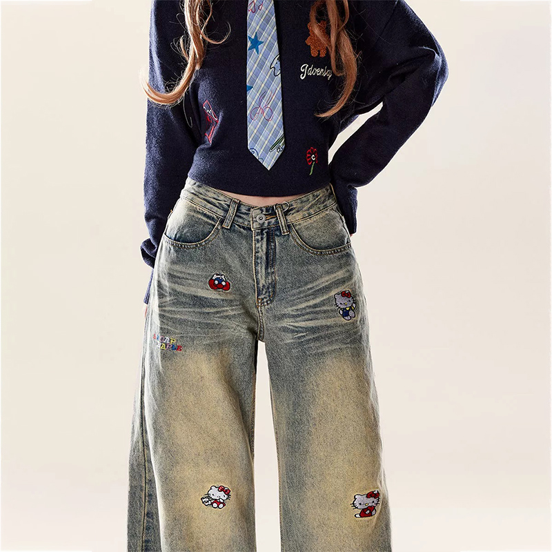 美式復古Kitty貓刺繡牛仔褲秋冬季做舊慵懶風闊腿牛仔褲子