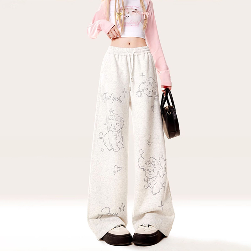 美式復古可愛小狗印花休閒衛褲秋冬季直筒寬鬆運動闊腿褲子