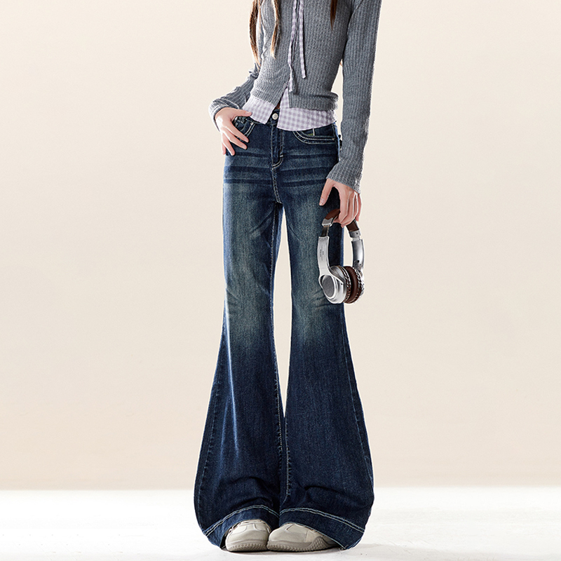 美式復古微喇牛仔褲秋冬季水洗做舊小眾設計感修身顯瘦喇叭褲