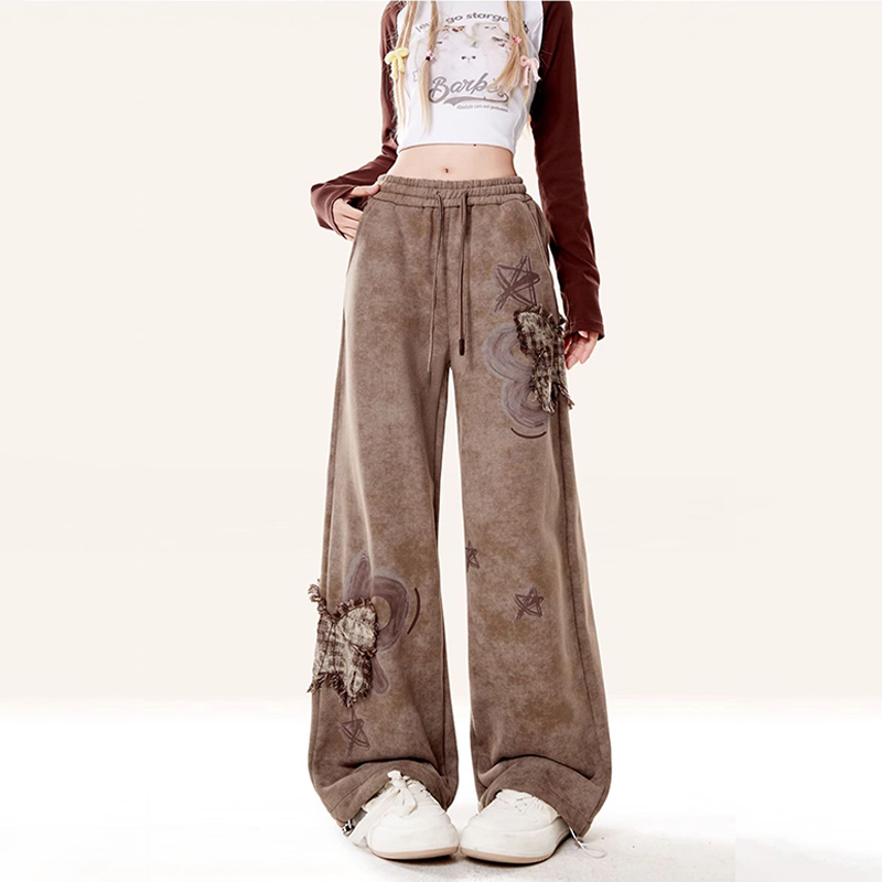 美式復古蝴蝶貼布繡衛褲秋冬設計感休閒寬鬆闊腿運動褲