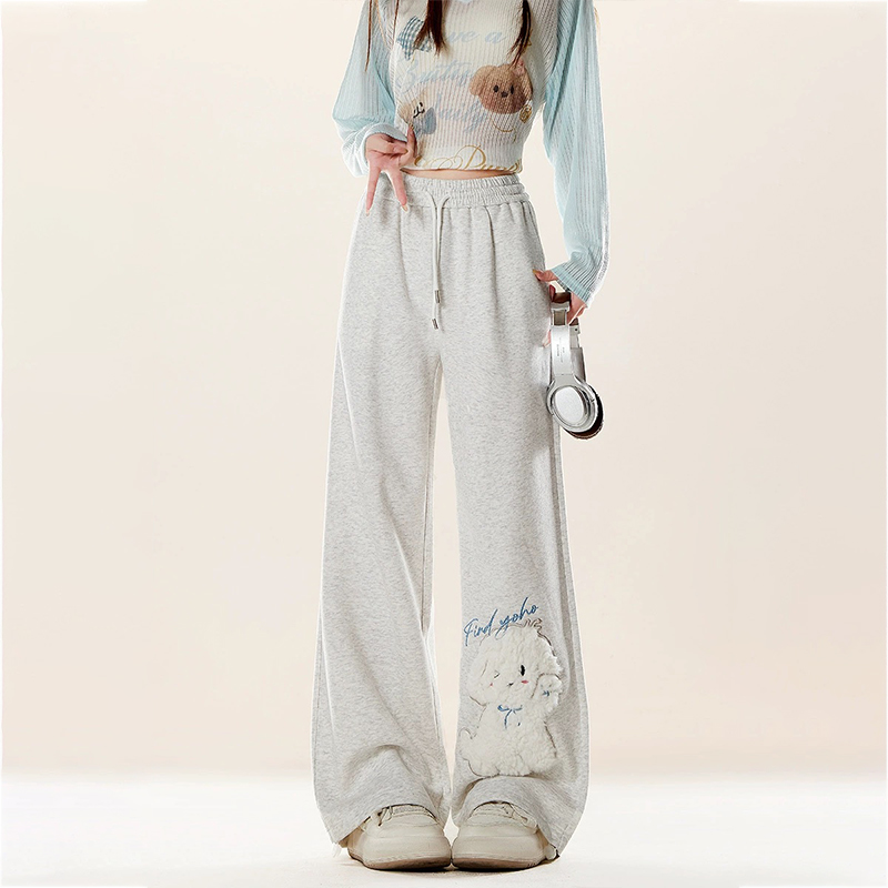 美式復古可愛小狗貼布繡休閒衛褲百搭直筒寬鬆運動闊腿褲