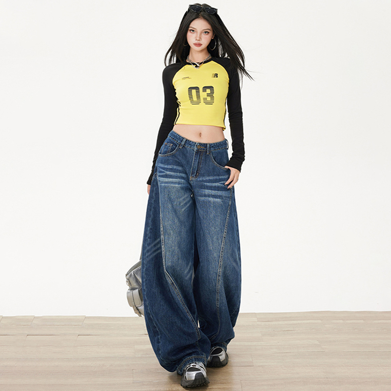 美式復古原色牛仔褲深藍色設計感彎刀牛仔褲寬鬆直筒復古寬褲