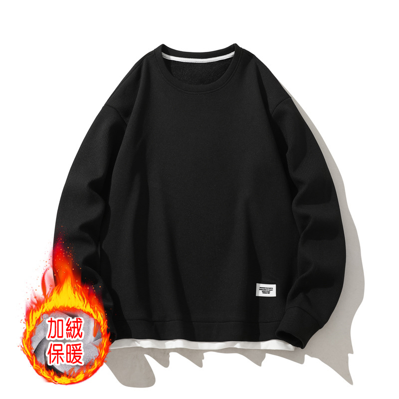 時尚華夫格拼色假兩件設計感衛衣秋季男士寬鬆圓領長袖套頭衫