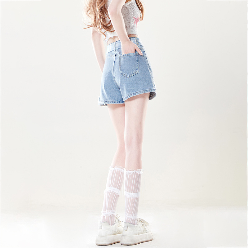 潮流藍白格紋蝴蝶結拼接短褲女夏季少女感淺色熱褲顯瘦褲子