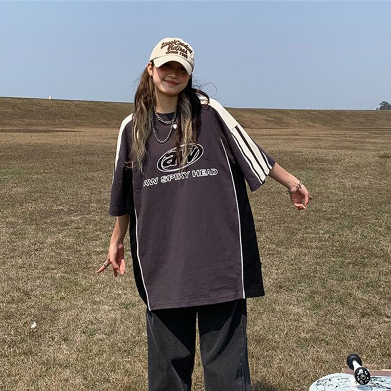 美式運動拼接短袖T恤女寬鬆純棉ins街潮字母情侶Tee