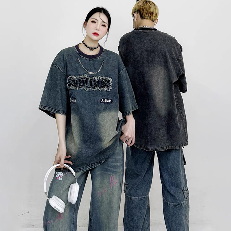 美式復古貼布繡水洗做舊牛仔T恤小眾鏈條設計感寬鬆情侶上衣