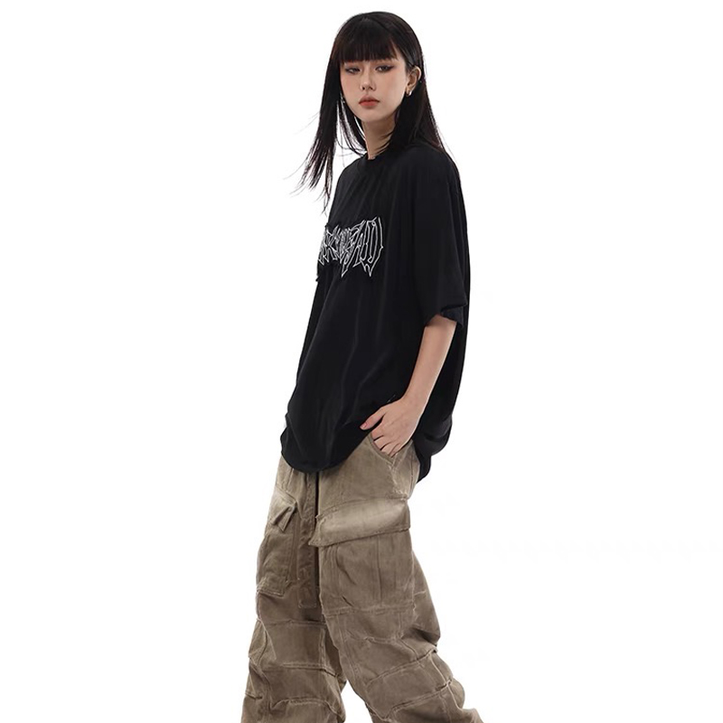 美式復古水洗髒染做舊貼布繡短袖T恤髒髒刺繡寬鬆情侶半袖上衣