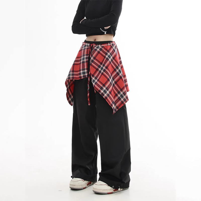 美式復古可拆卸格子裙擺休閑褲男女直筒Hiphop街舞褲子