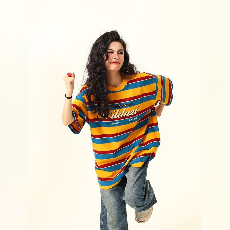 美式復古彩虹條紋短袖T恤女撞色氛圍感夏季寬鬆上衣