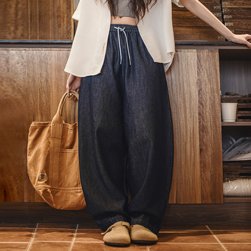 馬登女裝 復古冰皮香蕉牛仔褲凉感柔軟蘿蔔褲鬆緊腰抽繩褲子