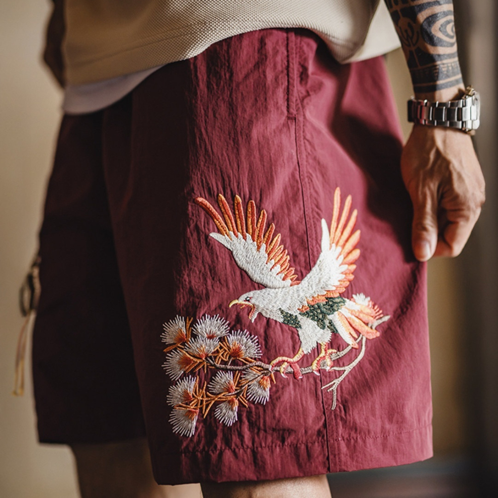 馬登工裝 美式橫須賀刺繡短褲寬鬆紅色沙灘薄款五分褲夏季