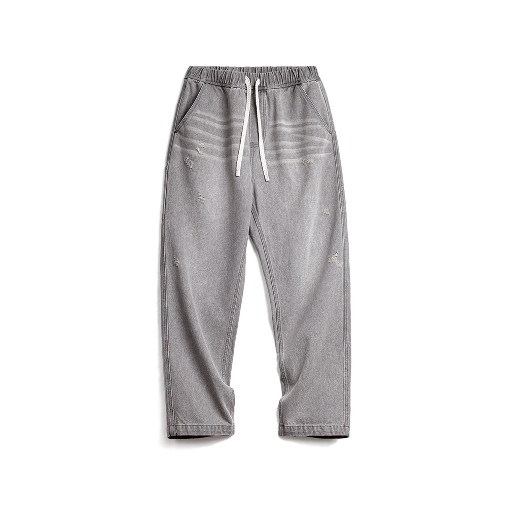 馬登工裝 美式復古水洗做舊格雷系灰牛仔褲破洞猫須伐木直筒褲男春