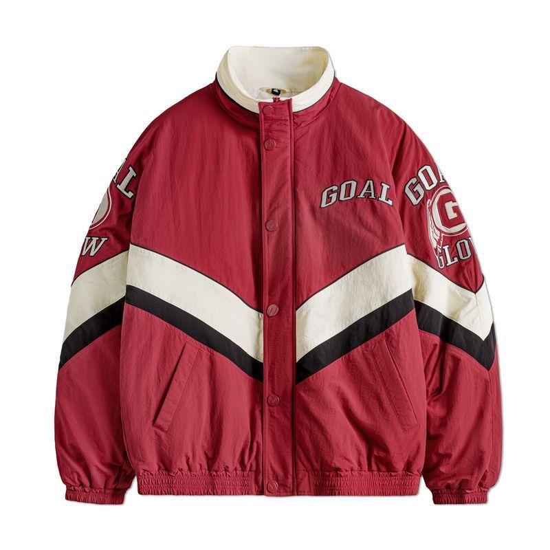 馬登工裝 美式復古拼接撞色賽車夾克紅色翻領加厚保暖棉服外套男冬