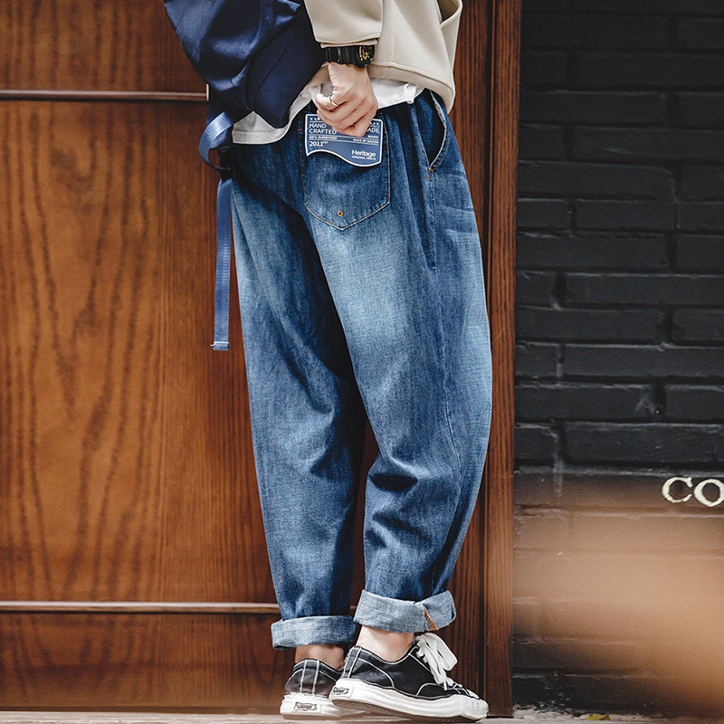 馬登工裝 美式休閒磨白丹寧牛仔褲水洗貓須寬鬆直筒長褲