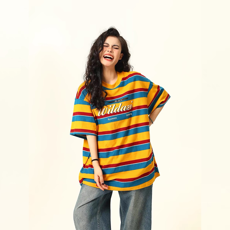 美式復古彩虹條紋短袖T恤女撞色氛圍感夏季寬鬆上衣