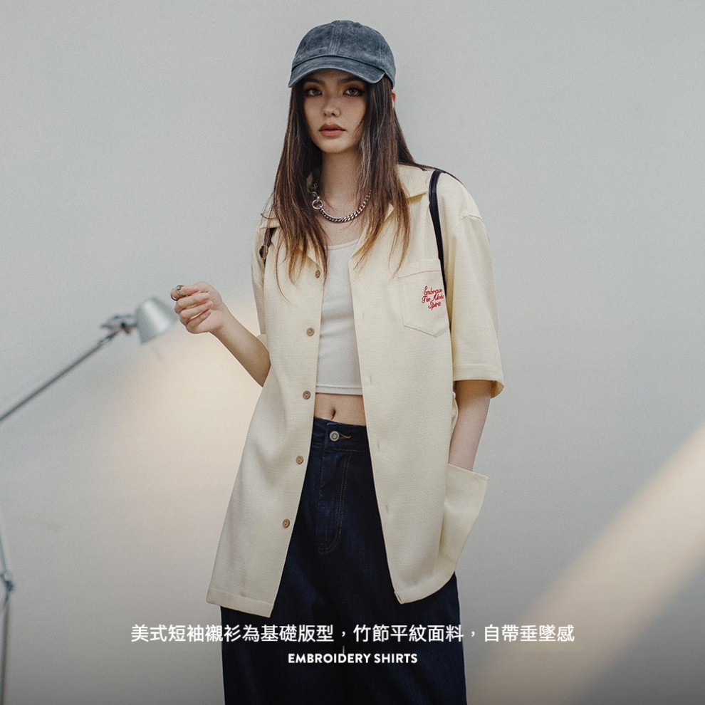 馬登女裝 夏威夷刺繡襯衫設計感寬鬆休閒T恤美式復古短袖襯衣夏季