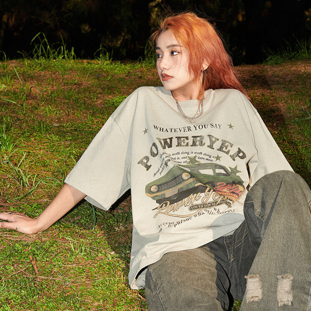 美式復古牛油果綠純棉短袖T恤女小眾半袖寬鬆Oversize情侶上衣