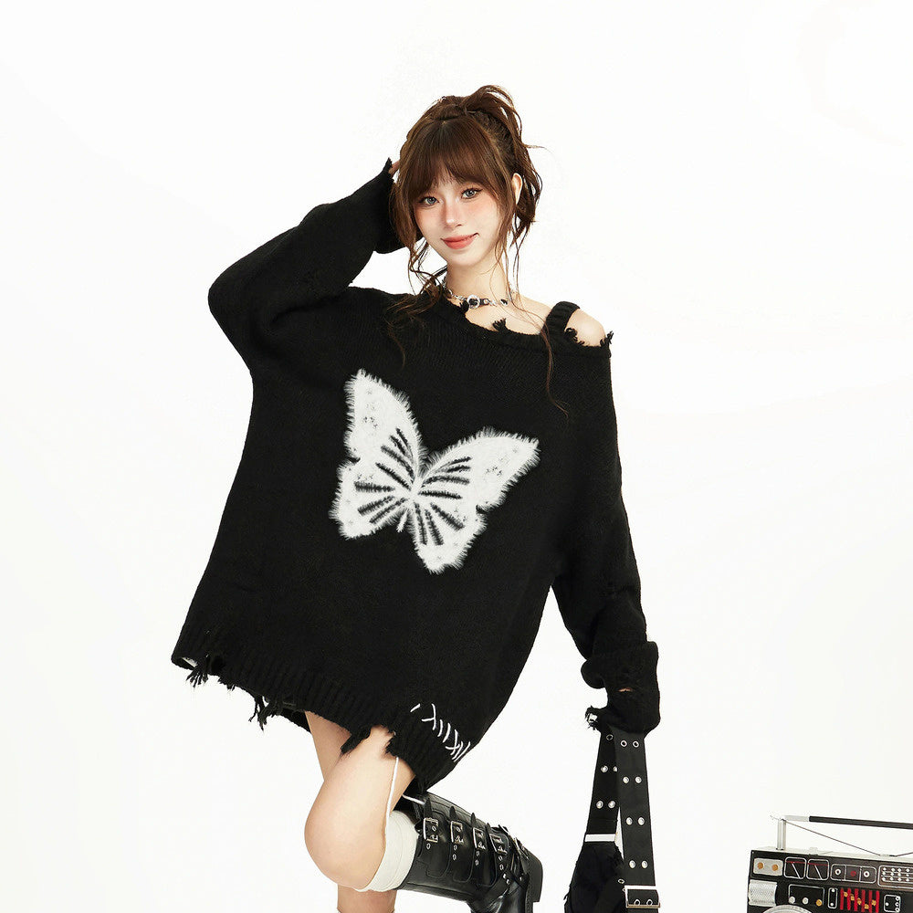 美式復古黑色露肩毛衣女秋冬季慵懶風oversize設計感針織衫