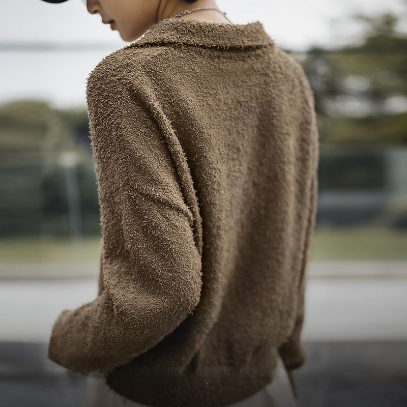 馬登女裝 雅丹風焦糖棕抓絨毛衣摩卡慕斯Polo衫毛茸茸上衣冬女