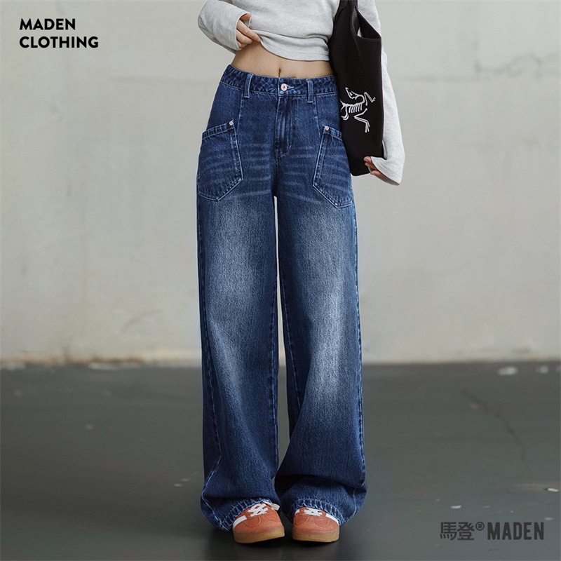 馬登女裝 美式闊腿牛仔褲水洗丹寧直筒拖地褲子設計感顯瘦長褲春秋