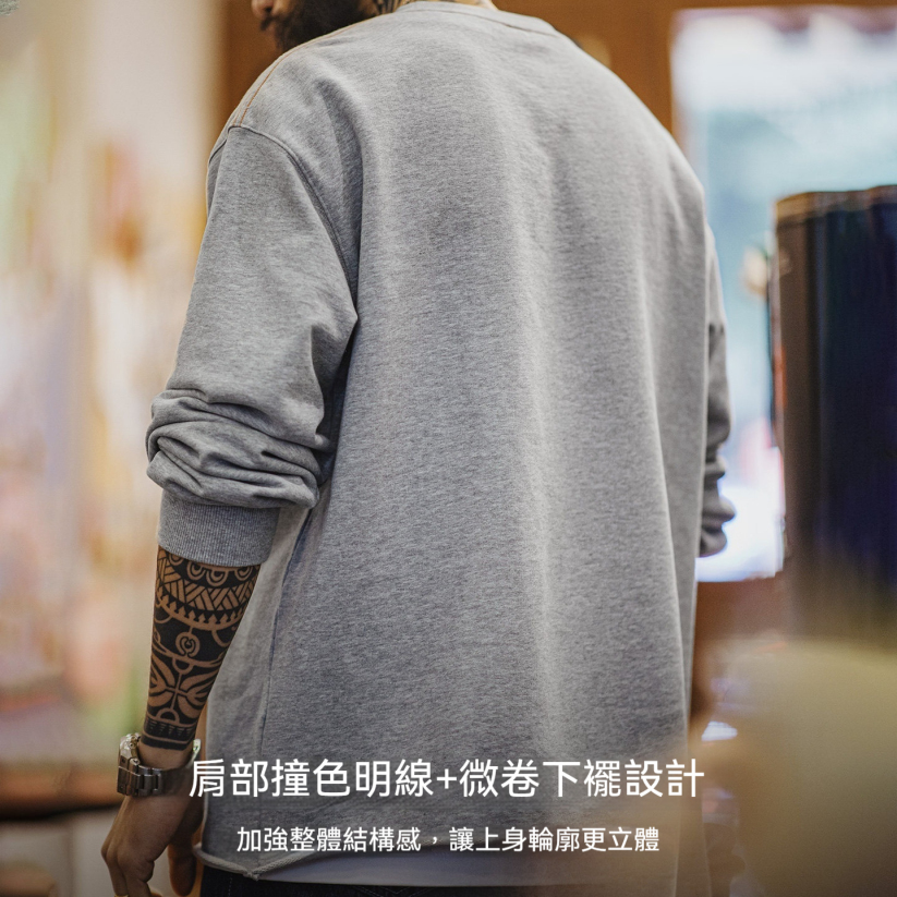 馬登工裝 美式灰色卷邊全純棉衛衣寬鬆套頭印花刺繡長袖上衣男款春