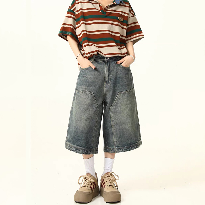 美式復古街頭水洗牛仔短褲女闊腿褲寬鬆百搭七分褲