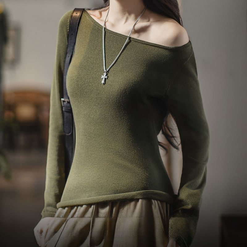 馬登女裝 毛紗一字領面膜T恤揚子紗破洞設計感打底衫修身長袖上衣