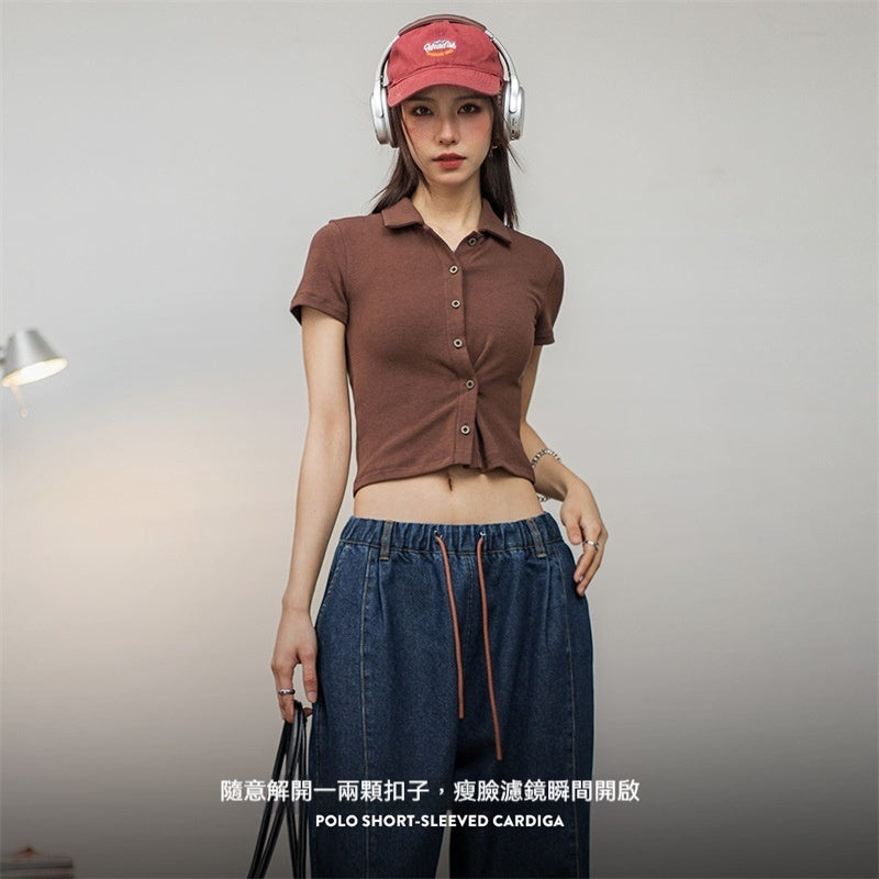 馬登女裝 復古Polo領短袖修身短款正肩針織開衫辣妹露腰顯瘦上衣夏