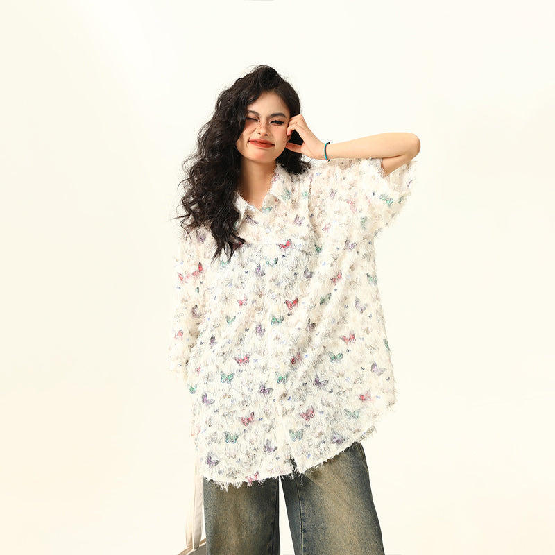 夏季新款蝴蝶流蘇設計感短袖襯衫女個性小眾寬鬆襯衣