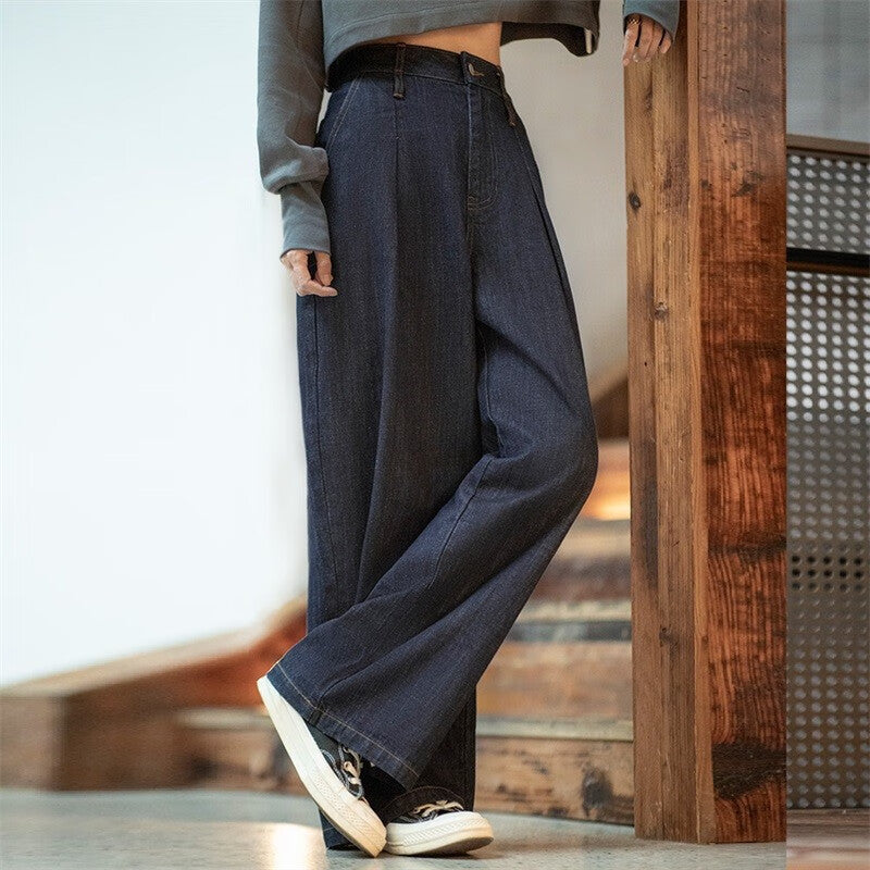 馬登女裝 美式復古水洗藍牛仔闊腿褲直筒休閒高腰顯瘦瀑布褲