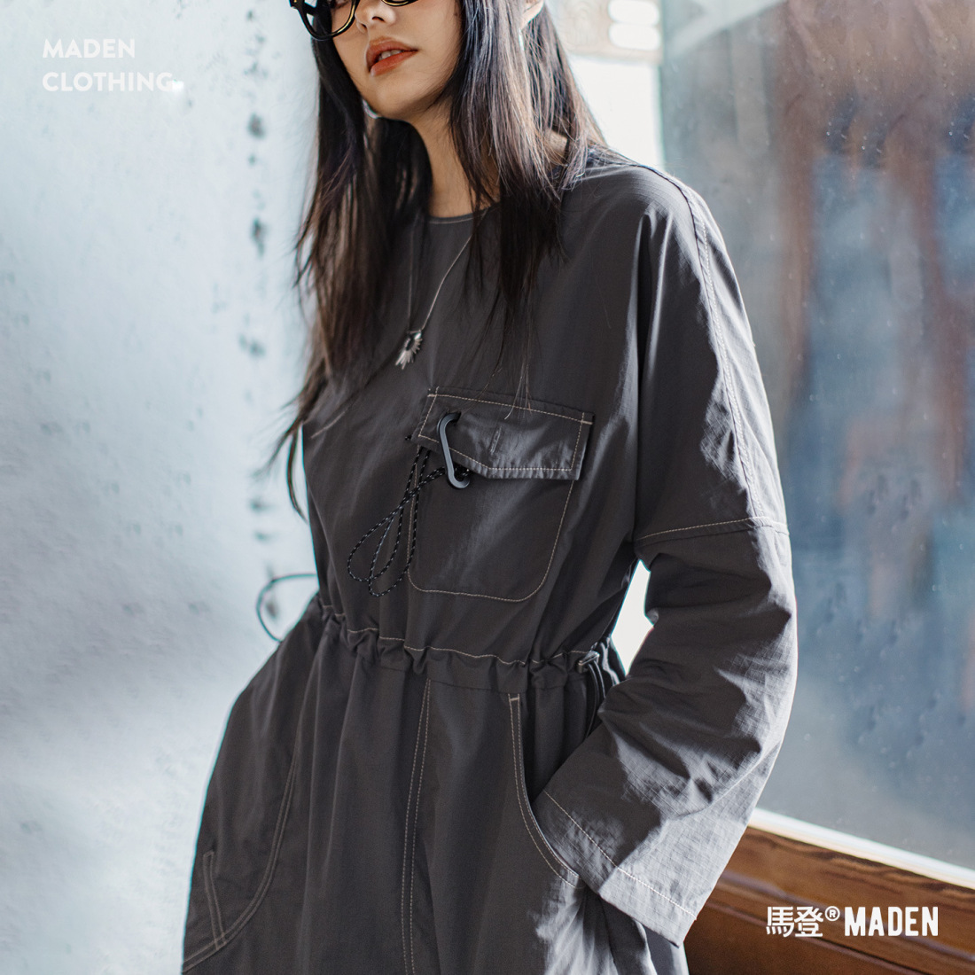 馬登女裝 落肩薄款寬鬆七分袖裙子山系工裝風收腰連衣裙女士早秋