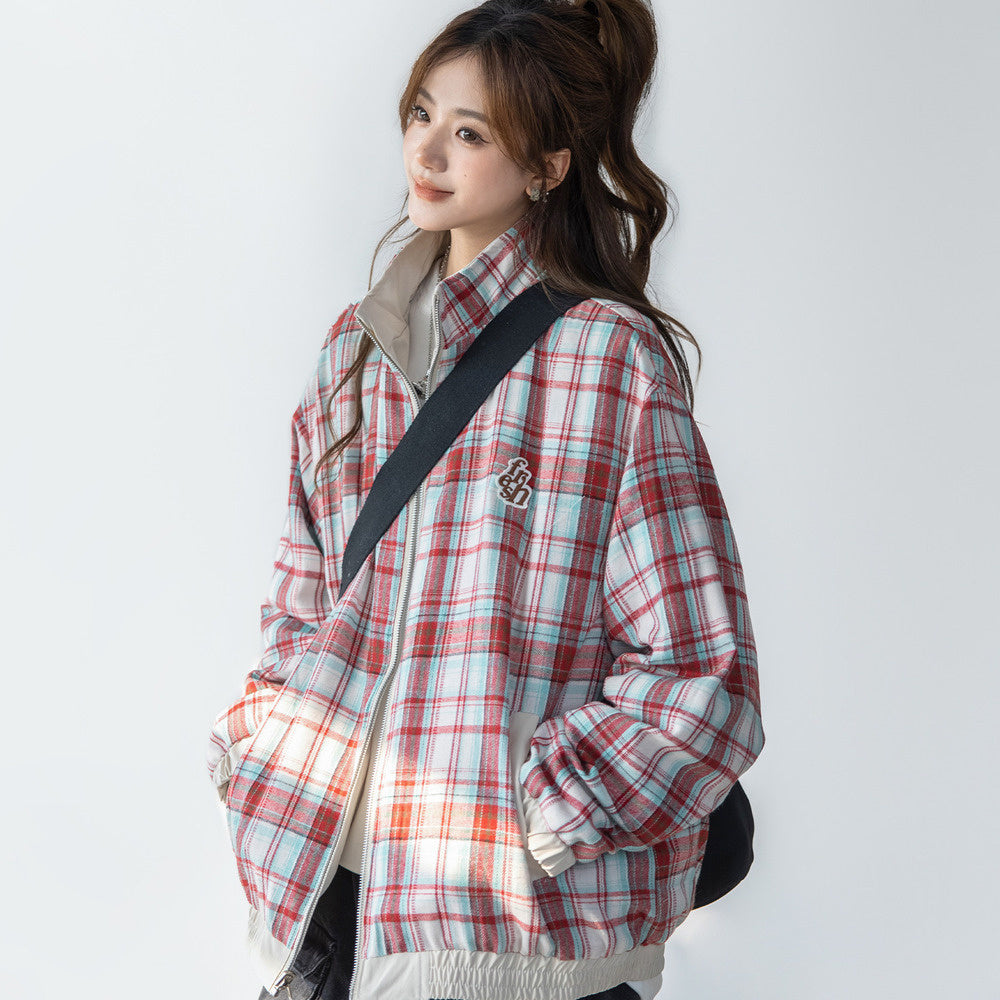 美式復古兩面穿拼接格紋外套學院風立領休閒工裝夾克