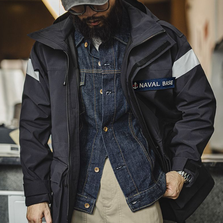 馬登工裝 美式復古中長款海軍派克風衣寬鬆防風連帽夾克外套男秋冬