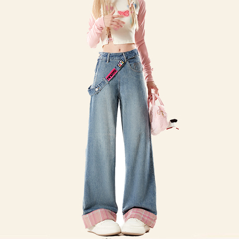 美式復古侧边拉链牛仔裤設計感可拆卸腰帶格紋拼接阔腿裤
