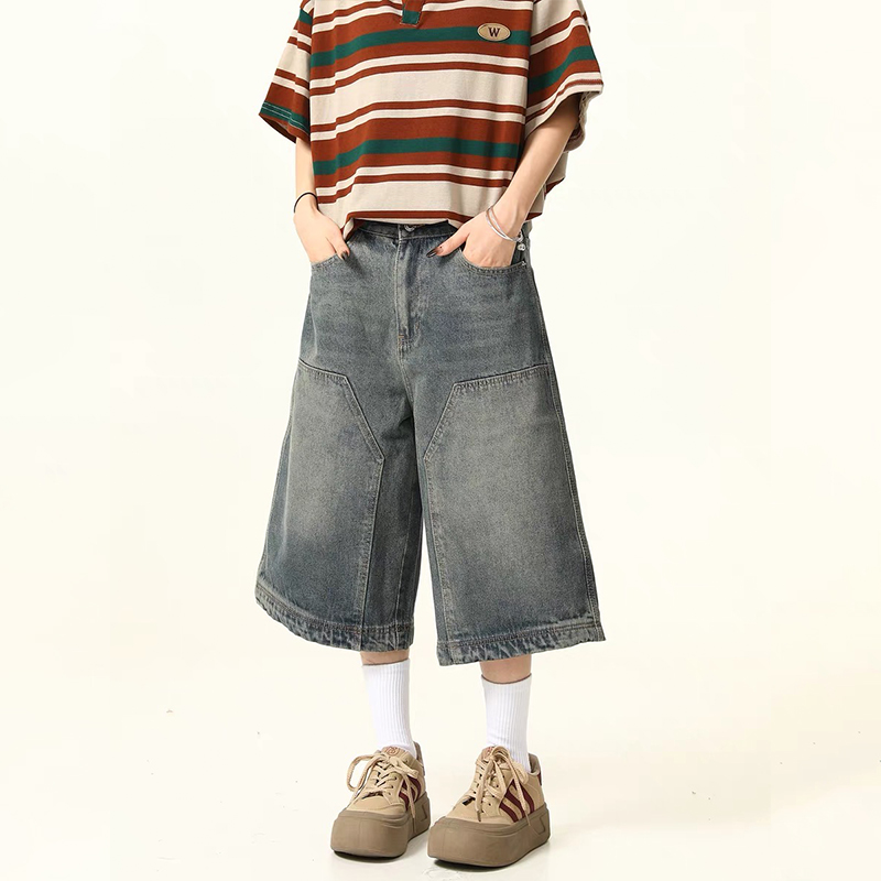 美式復古街頭水洗牛仔短褲女闊腿褲寬鬆百搭七分褲