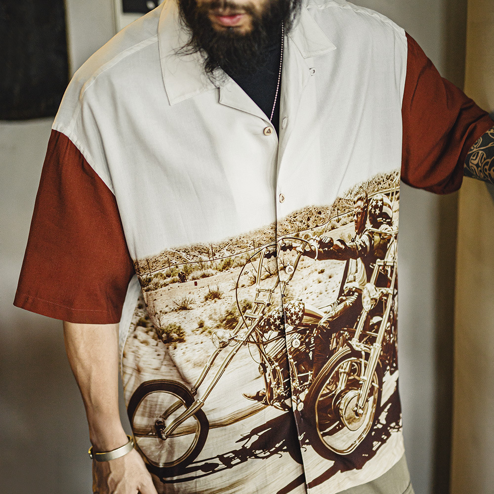 馬登工裝 美式復古撞色古巴領襯衫垂感滿印花襯衣薄款短袖外套男夏