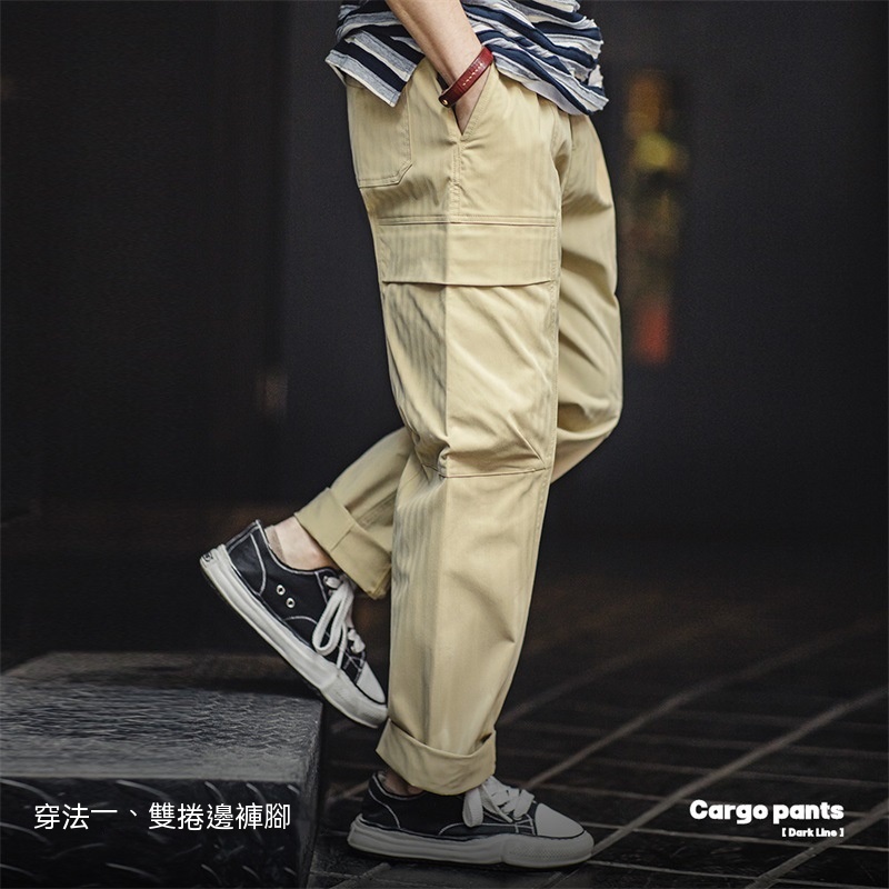 馬登工裝 美式復古多口袋人字紋休閒褲vibe軍綠色直筒工裝褲