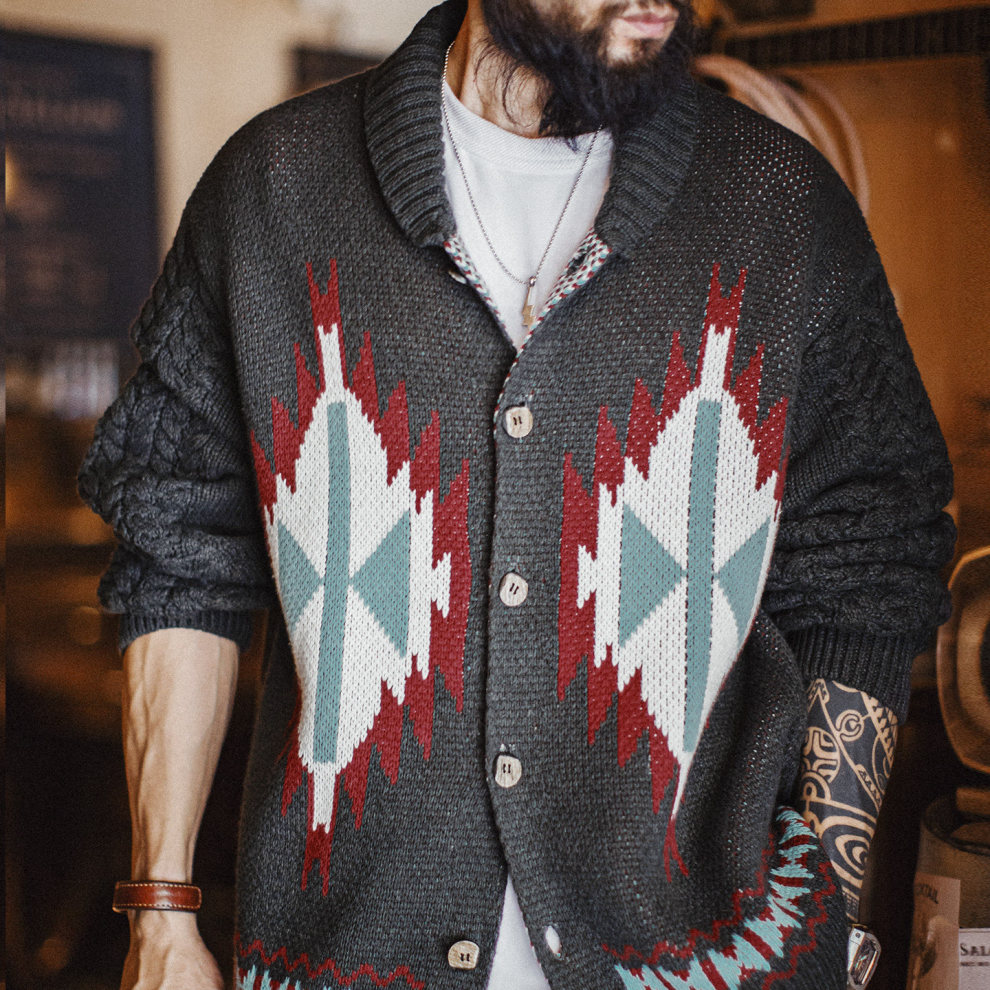 馬登工裝 美式復古考津毛衣外套印第安青果領開衫針織毛衫男秋冬