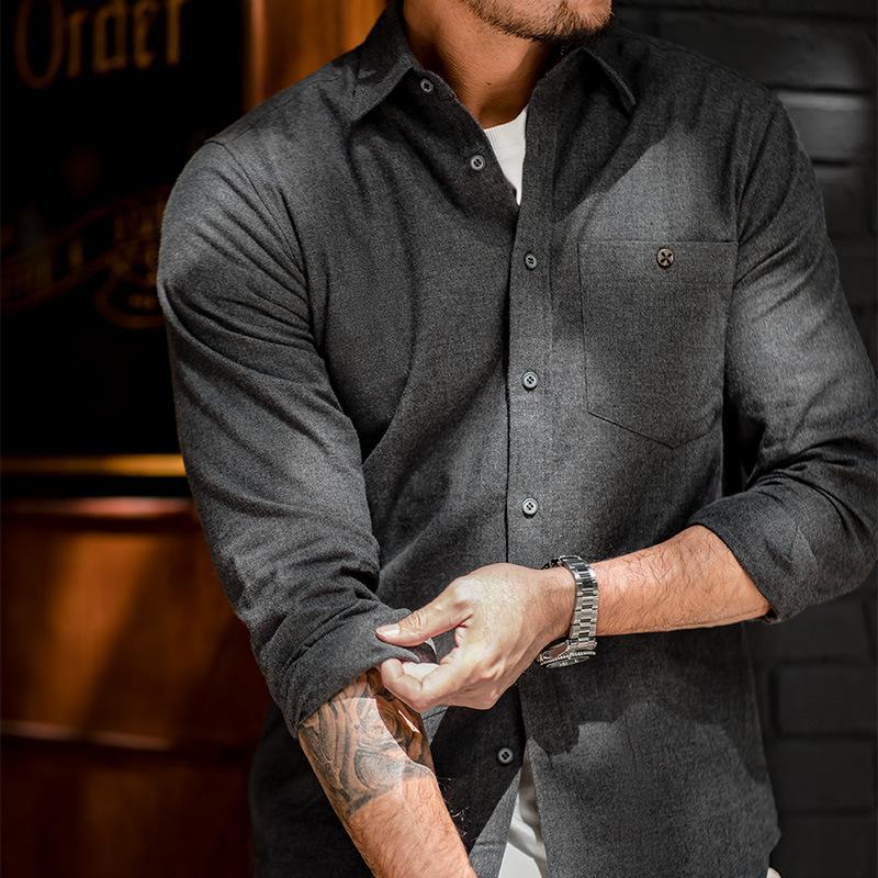 馬登工裝 美式休閑法蘭絨全棉襯衫灰色商務通勤磨毛長袖襯衣