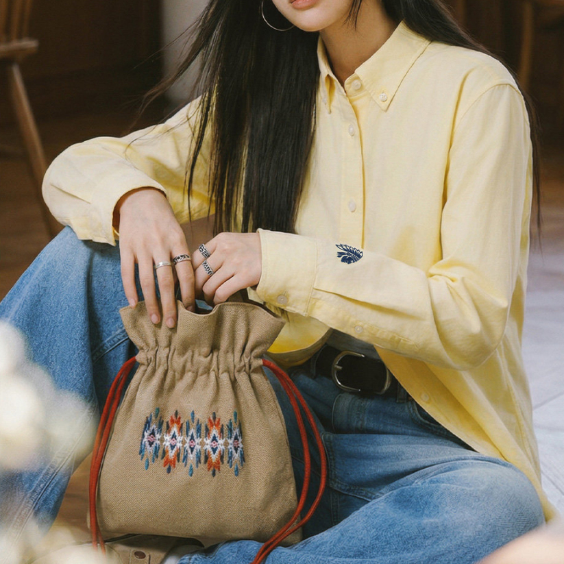 馬登女裝 全純棉翻領西裝牛津紡襯衫刺繡疊穿長袖內搭上襯衣女士春