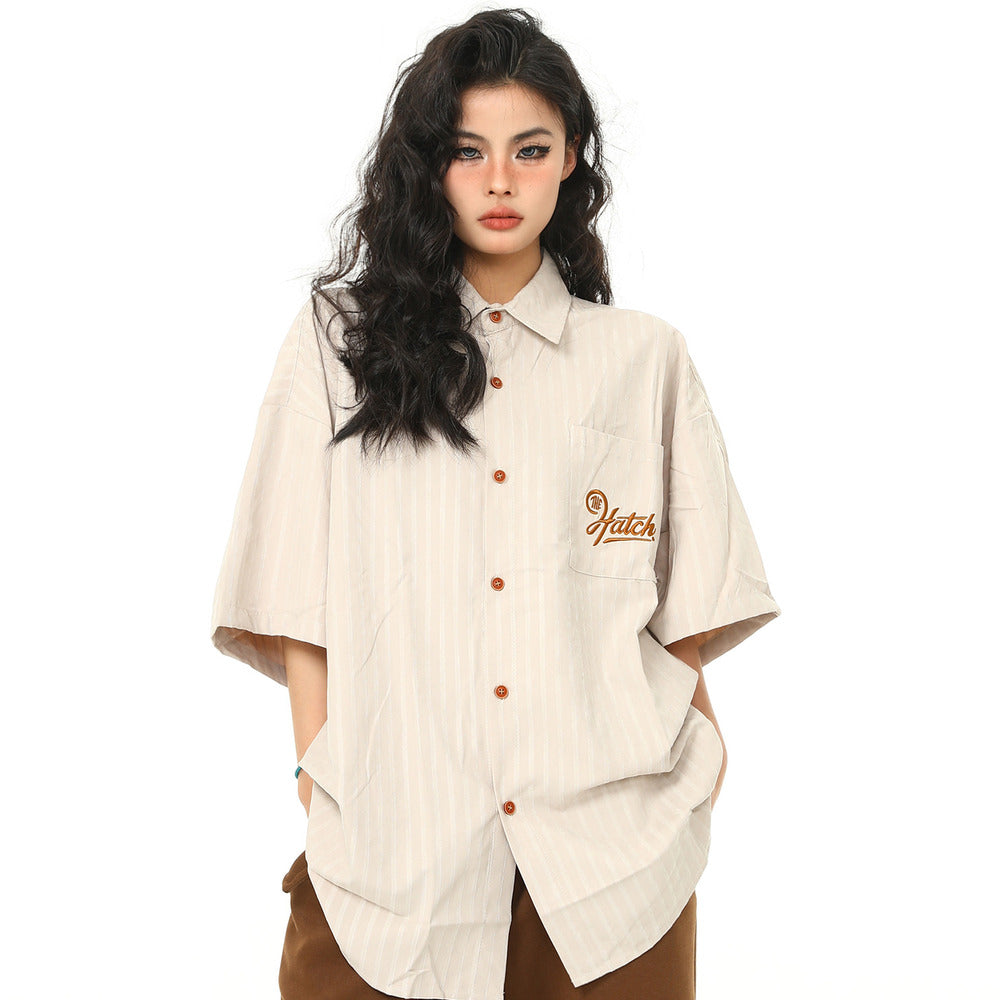 美式復古Vintage工裝短袖刺繡口袋襯衫女夏季百搭寬鬆情侶襯衣