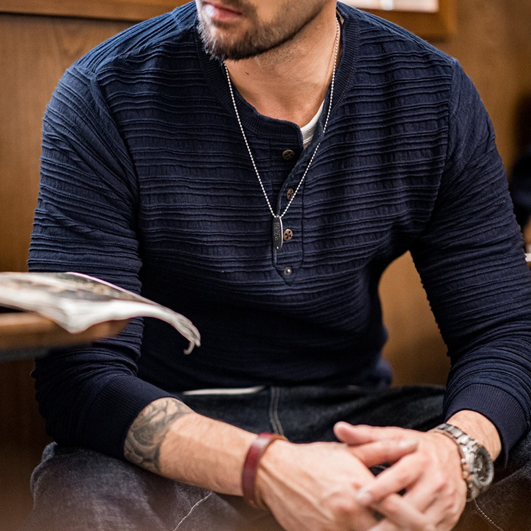 馬登工裝 美式復古提花針織牛仔亨利衫Vintage硬漢修身長袖T恤男秋