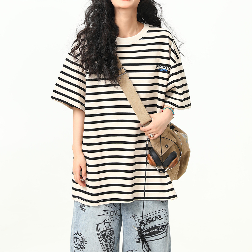 美式復古300g重磅條紋短袖T恤女寬鬆百搭上衣