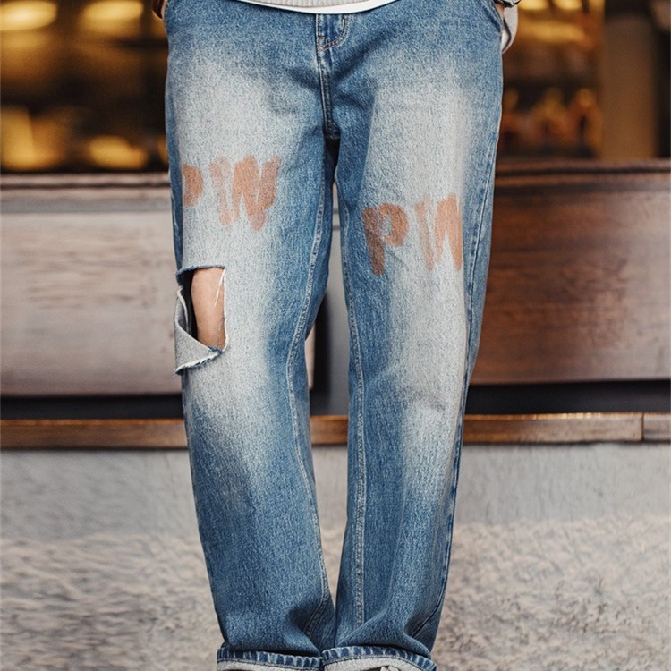 馬登工裝 美式復古磨白PW破壞牛仔褲vibe破洞水洗丹寧寬鬆直筒褲